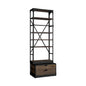 Black Iron and Solid Wood Five Tier Bookcase with Two Drawers