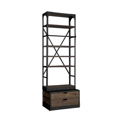 Black Iron and Solid Wood Five Tier Bookcase with Two Drawers