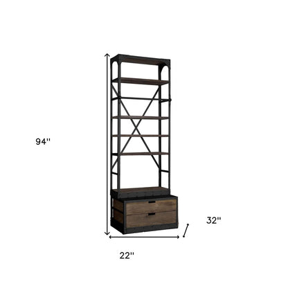 Black Iron and Solid Wood Five Tier Bookcase with Two Drawers