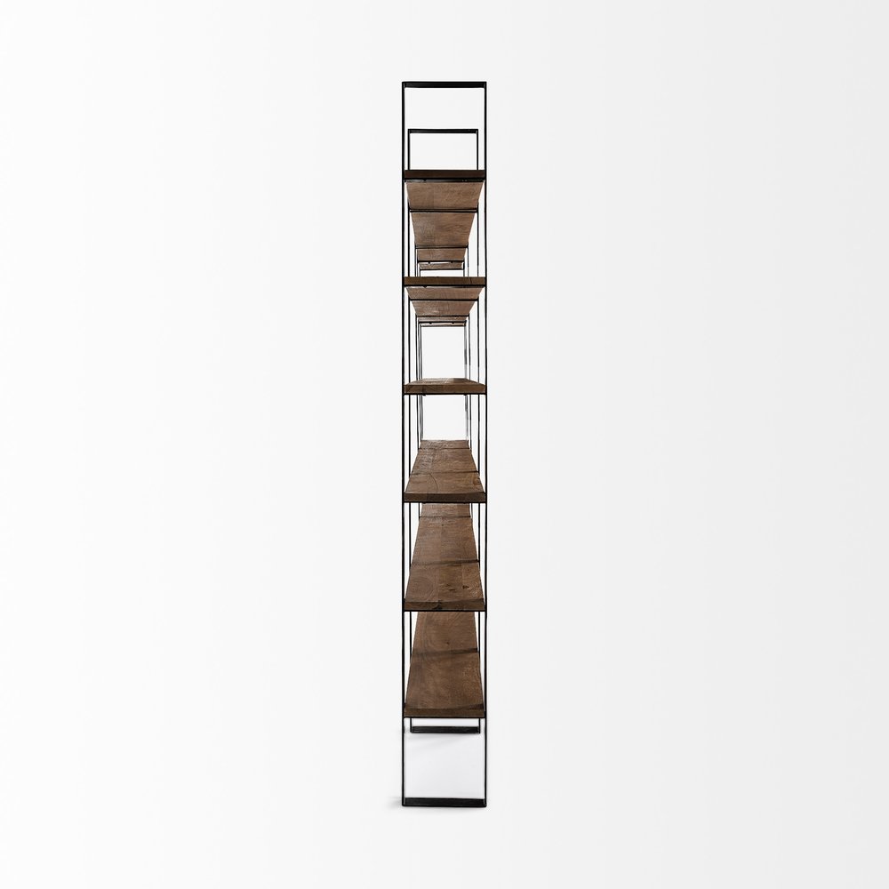Brown Iron and Solid Wood Six Tier Bookcase