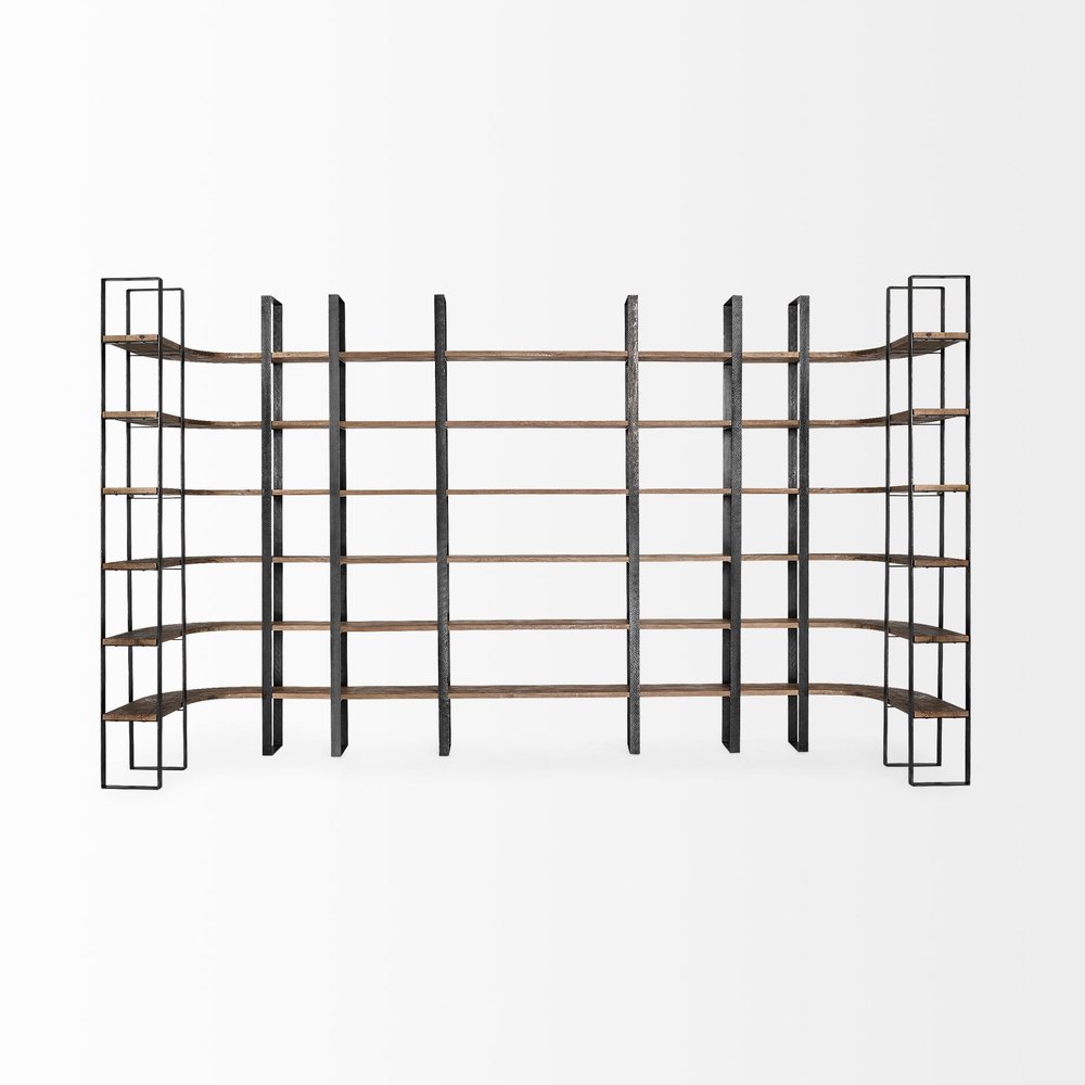 Brown Iron and Solid Wood Six Tier Bookcase