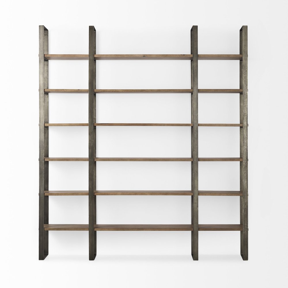 Brown Nickel and Solid Wood Six Tier Bookcase