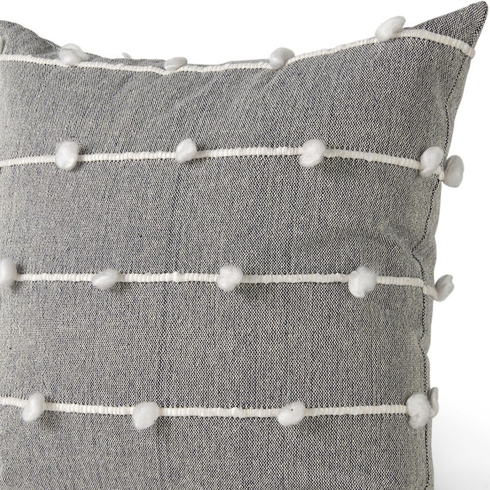 20" Gray and White Striped Linen Throw Pillow Cover With Embroidery and Pom Poms