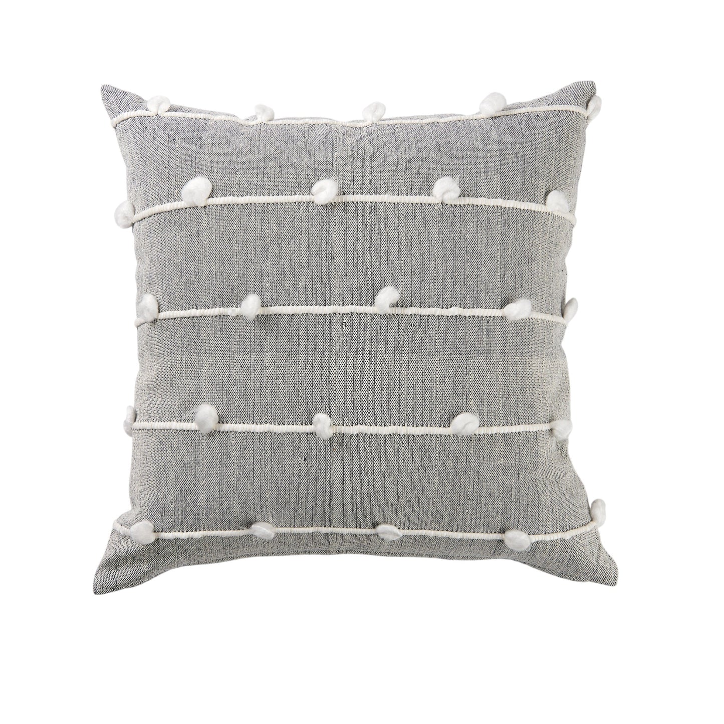 20" Gray and White Striped Linen Throw Pillow Cover With Embroidery and Pom Poms