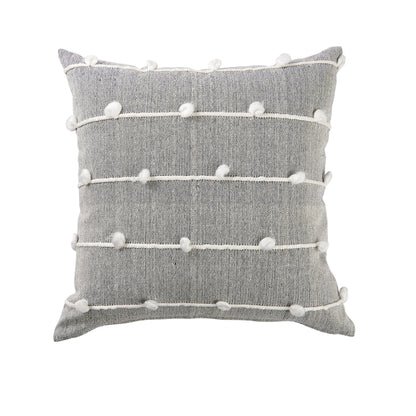 20" Gray and White Striped Linen Throw Pillow Cover With Embroidery and Pom Poms