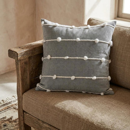 20" Gray and White Striped Linen Throw Pillow Cover With Embroidery and Pom Poms
