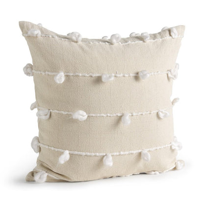 20" Cream And White Striped Canvas Throw Pillow Cover with Embroidery And Pompoms