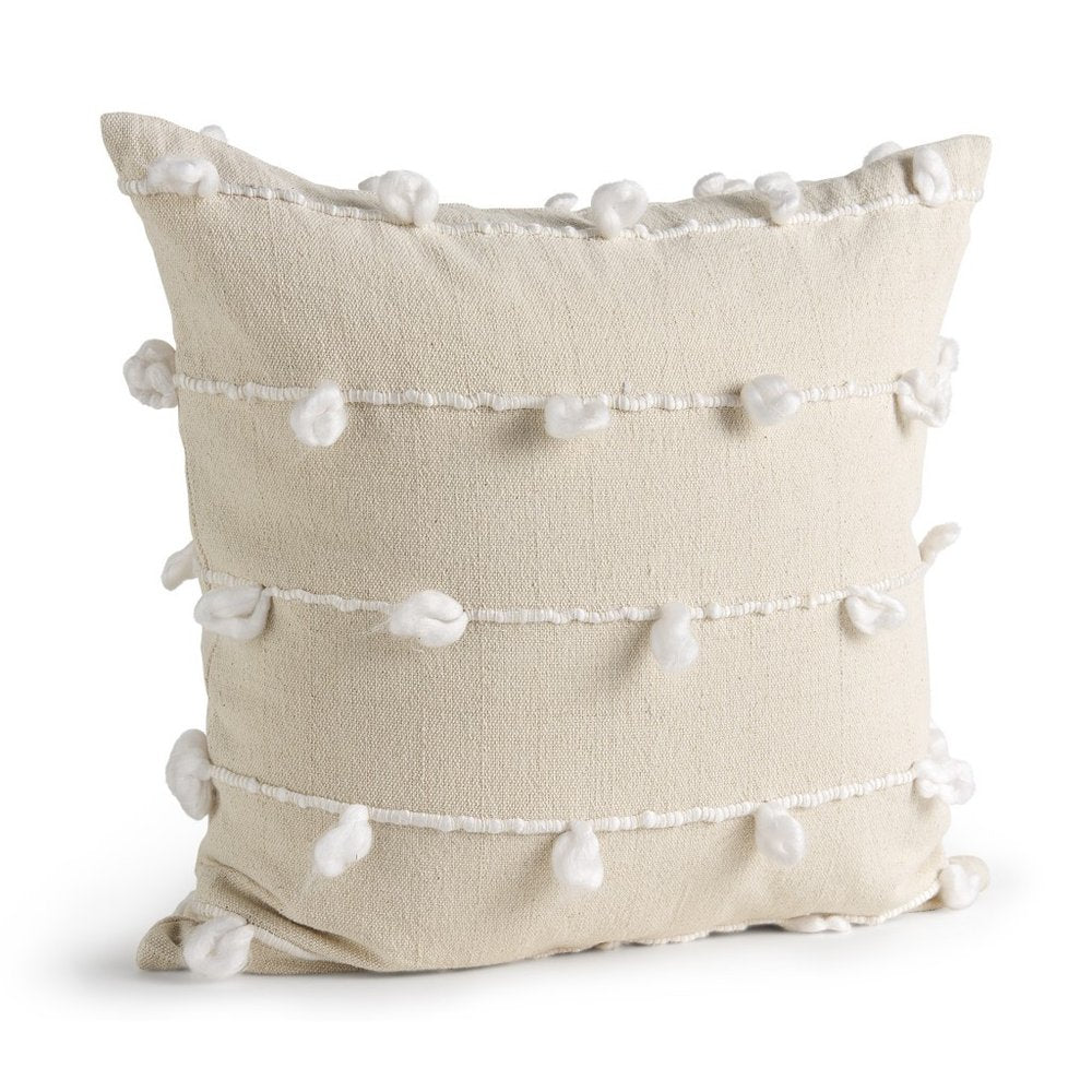 20" Cream And White Striped Canvas Throw Pillow Cover with Embroidery And Pompoms