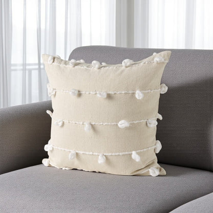 20" Cream And White Striped Canvas Throw Pillow Cover with Embroidery And Pompoms