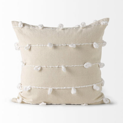 20" Cream And White Striped Canvas Throw Pillow Cover with Embroidery And Pompoms