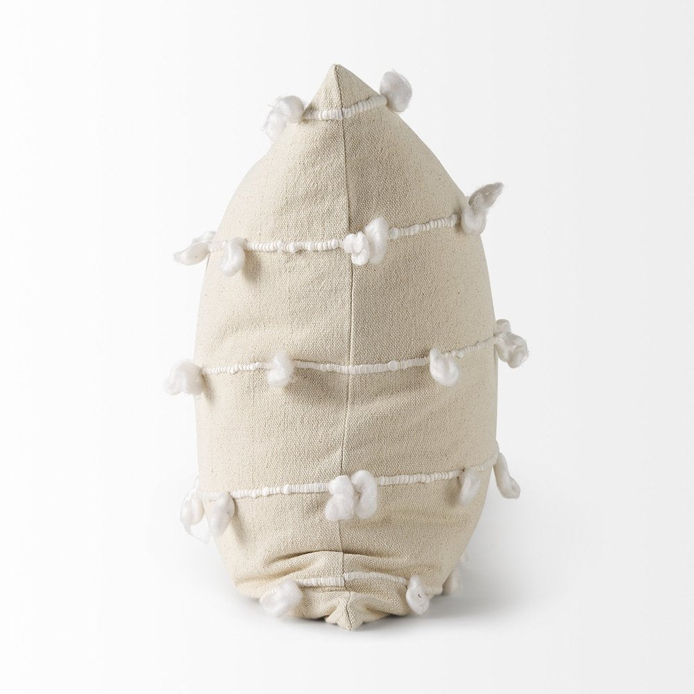 20" Cream And White Striped Canvas Throw Pillow Cover with Embroidery And Pompoms