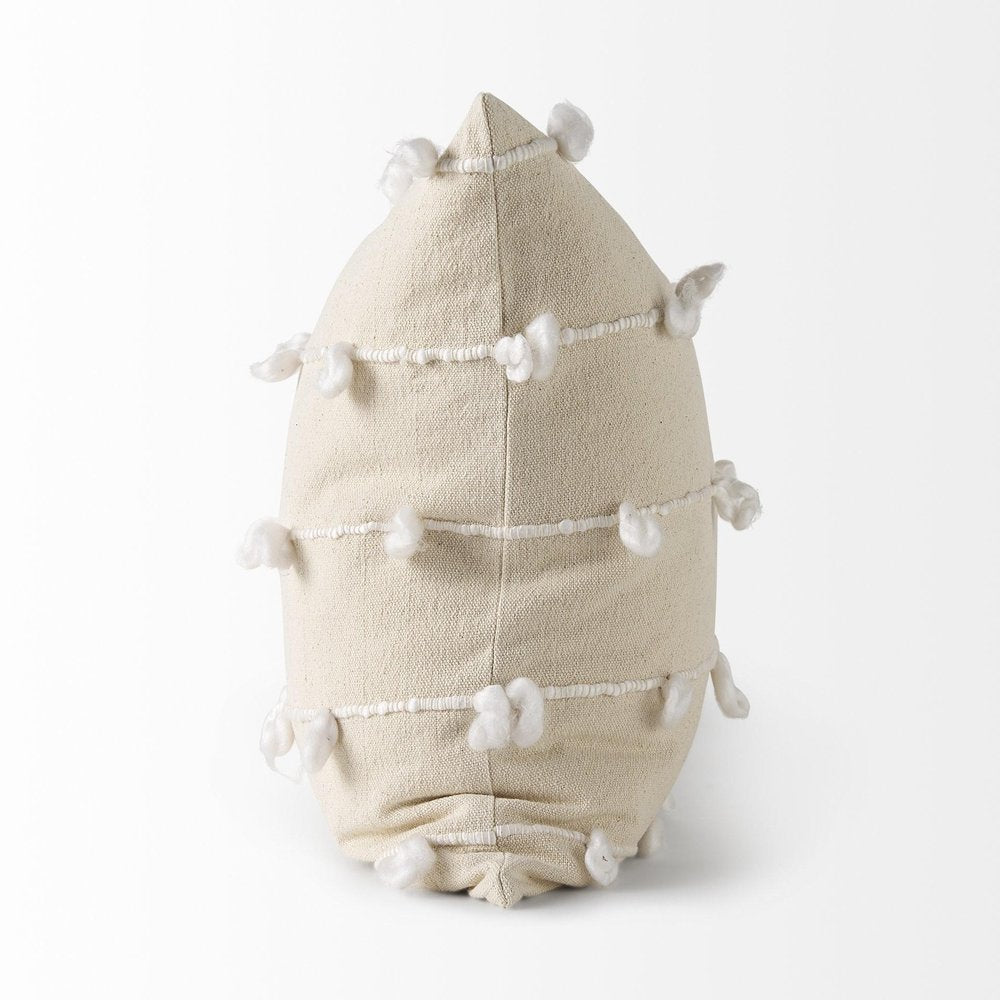 20" Cream And White Striped Canvas Throw Pillow Cover with Embroidery And Pompoms