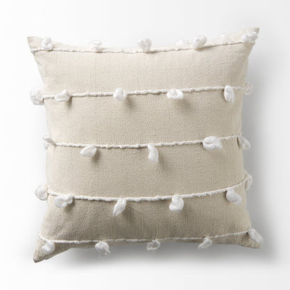 20" Cream And White Striped Canvas Throw Pillow Cover with Embroidery And Pompoms
