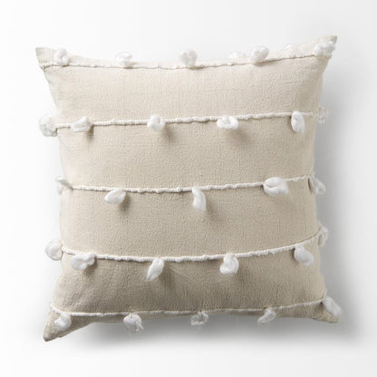 20" Cream And White Striped Canvas Throw Pillow Cover with Embroidery And Pompoms