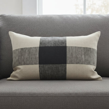 Beige And Black Plaid Pattern Lumbar Throw Pillow Cover