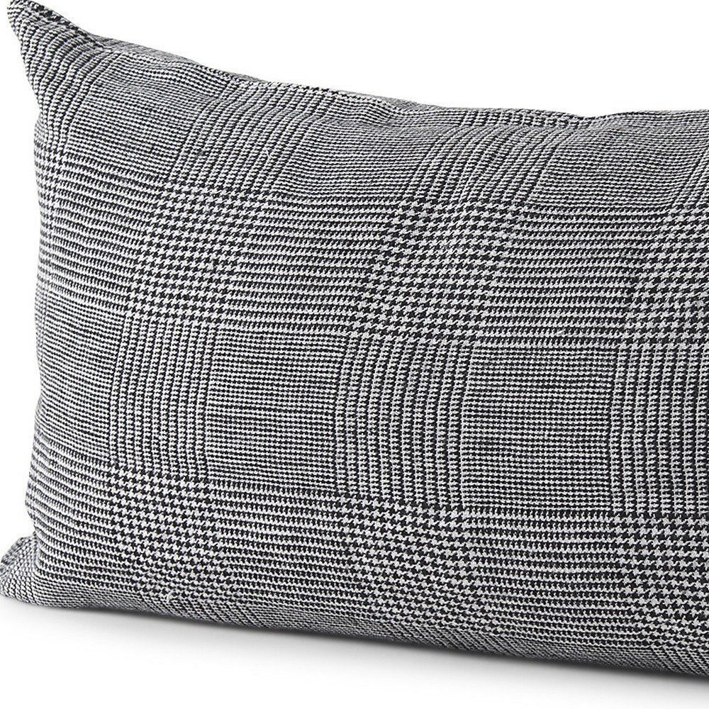14" X 26" Black And White Herringbone Plaid Linen Throw Pillow Cover
