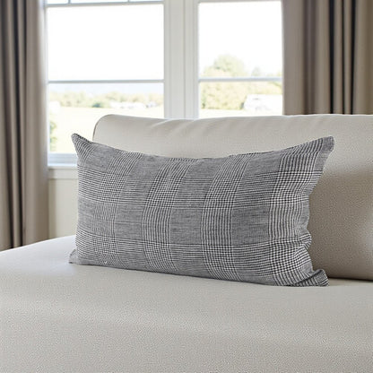 14" X 26" Black And White Herringbone Plaid Linen Throw Pillow Cover