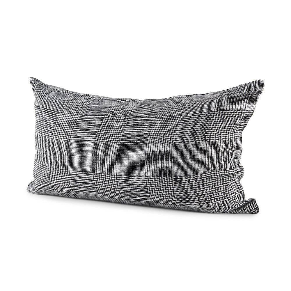 14" X 26" Black And White Herringbone Plaid Linen Throw Pillow Cover