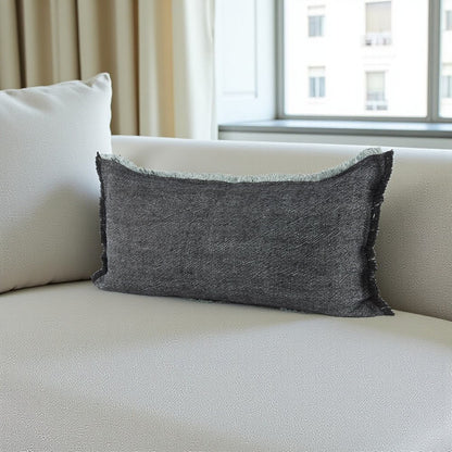 14" X 26" Black And Aqua Linen Throw Pillow Cover