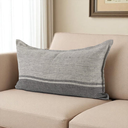 14" X 26" Dark Gray And Light Gray Striped Linen Lumbar Throw Pillow Cover