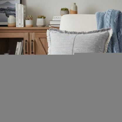 Fringed Blue And Beige Square Accent Pillow Cover