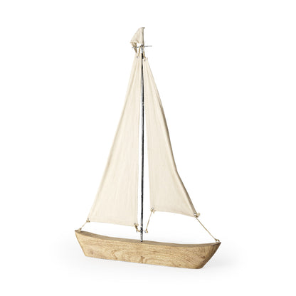 32" Brown Wood and Fabric Sailboat Tabletop Sculpture