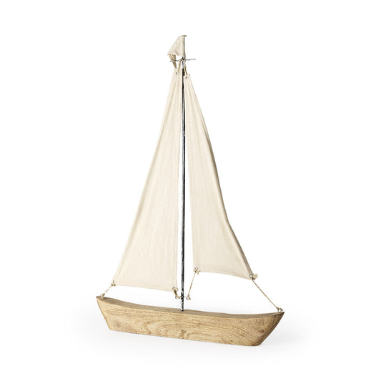 32" Brown Wood and Fabric Sailboat Tabletop Sculpture