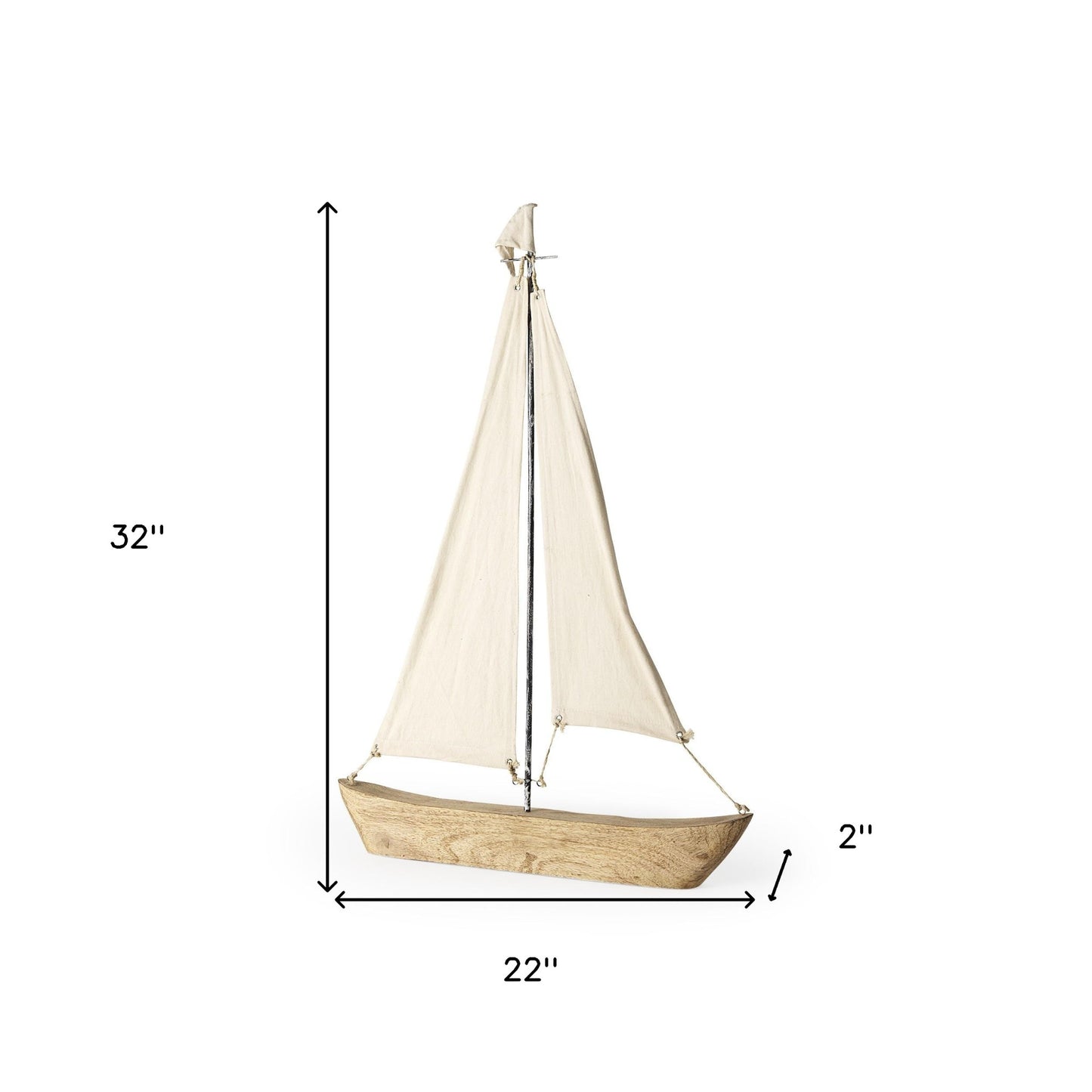 32" Brown Wood and Fabric Sailboat Tabletop Sculpture