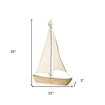 32" Brown Wood and Fabric Sailboat Tabletop Sculpture