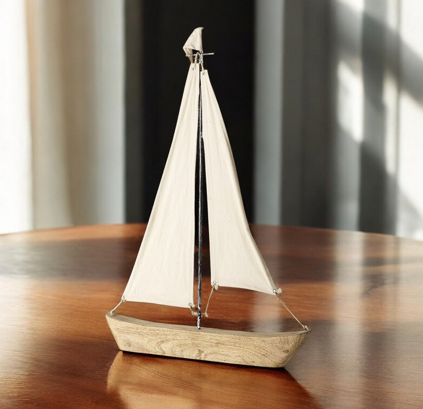 32" Brown Wood and Fabric Sailboat Tabletop Sculpture