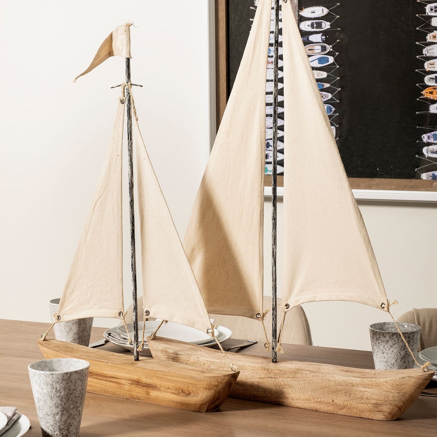 32" Brown Wood and Fabric Sailboat Tabletop Sculpture