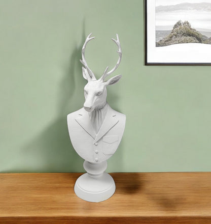 23" White Polyresin Suited Deer Bust Tabletop Sculpture