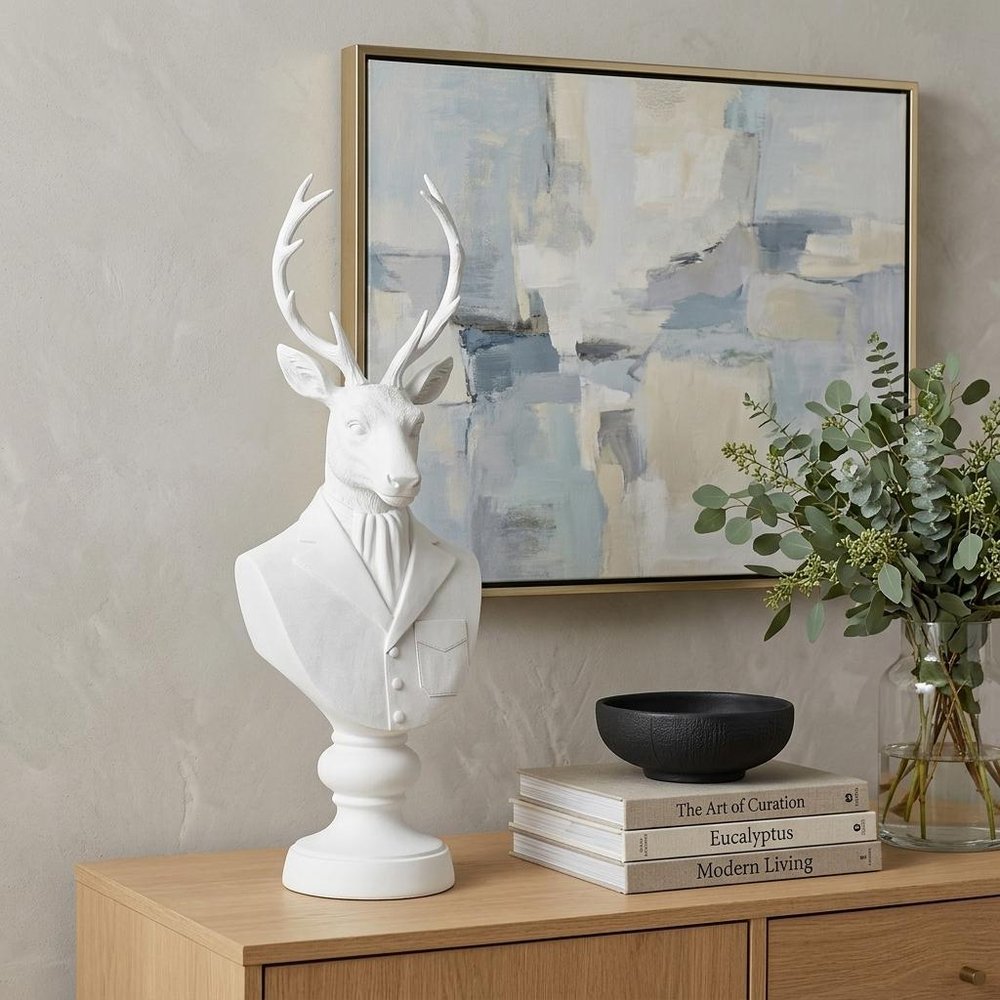 23" White Polyresin Suited Deer Bust Tabletop Sculpture