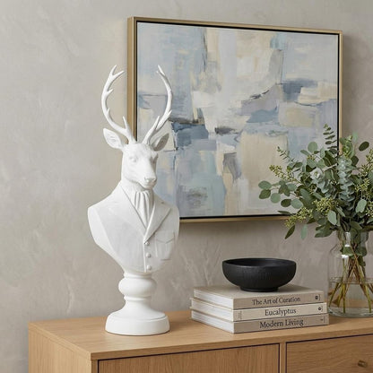 23" White Polyresin Suited Deer Bust Tabletop Sculpture