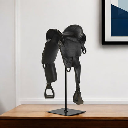17" Black Metal And Resin English Horse Saddle Tabletop Sculpture
