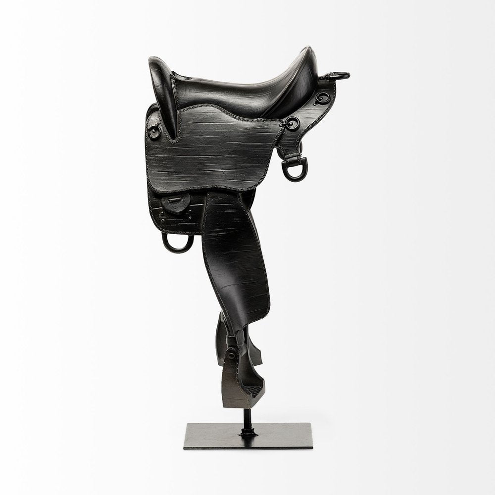 17" Black Metal And Resin English Horse Saddle Tabletop Sculpture