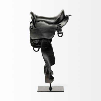 17" Black Metal And Resin English Horse Saddle Tabletop Sculpture
