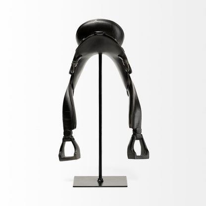 17" Black Metal And Resin English Horse Saddle Tabletop Sculpture