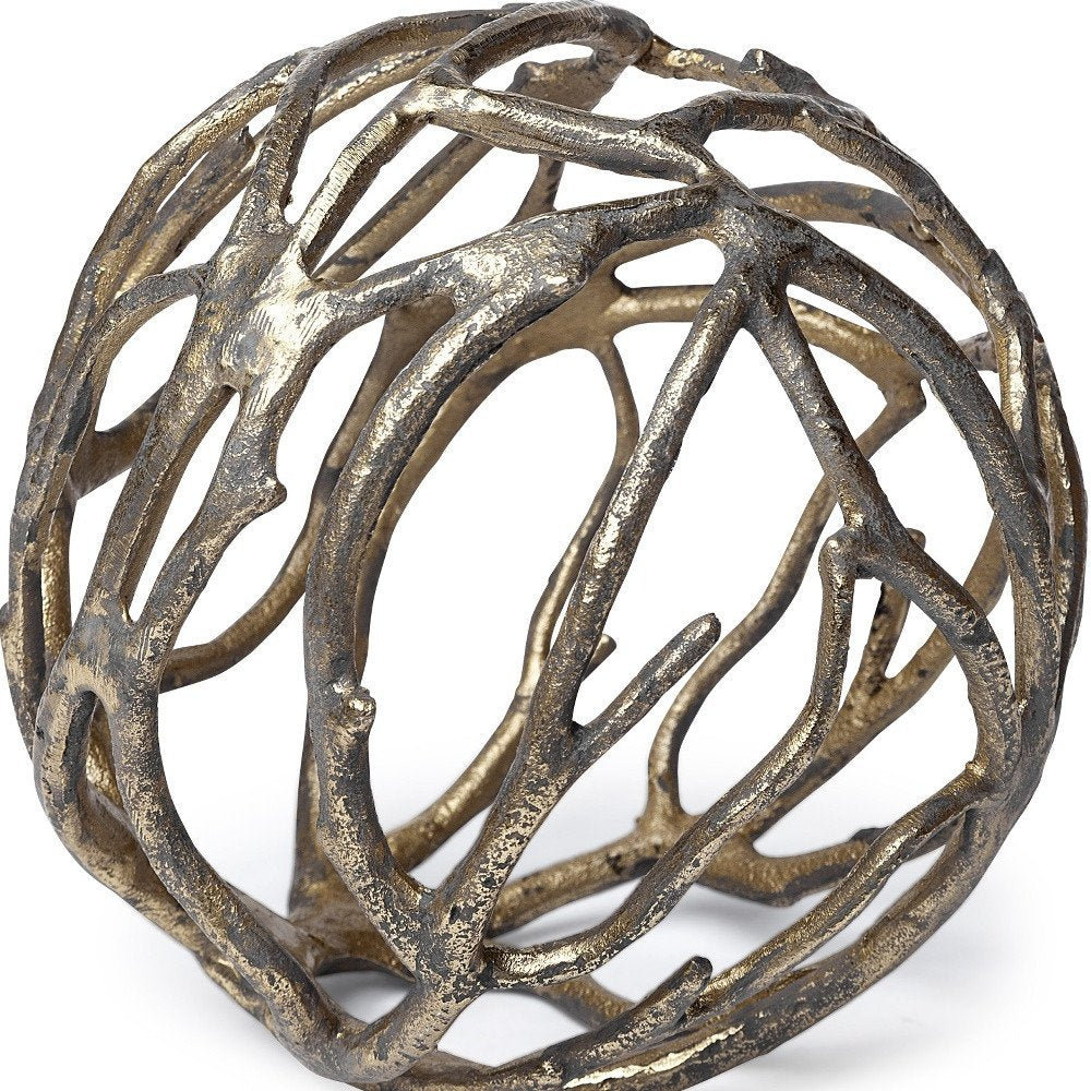7" Antiqued Gold Rustic Tree Branch Aluminum Orb Tabletop Sculpture