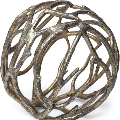 7" Antiqued Gold Rustic Tree Branch Aluminum Orb Tabletop Sculpture