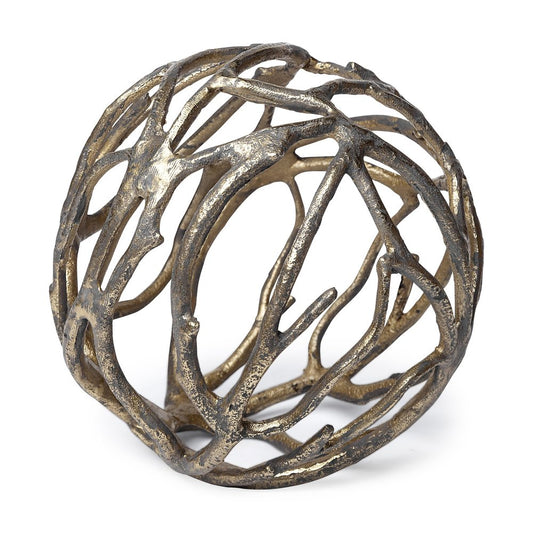 7" Antiqued Gold Rustic Tree Branch Aluminum Orb Tabletop Sculpture