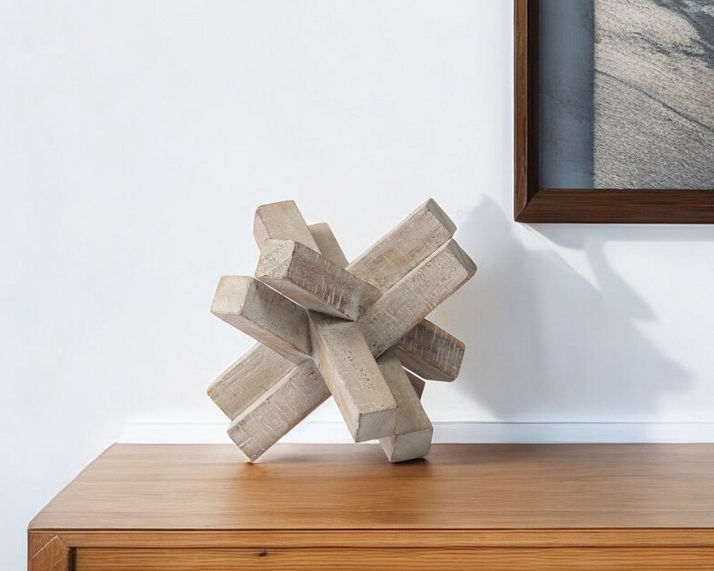 6" Brown Solid Wood Abstract Geometric Tabletop Sculpture