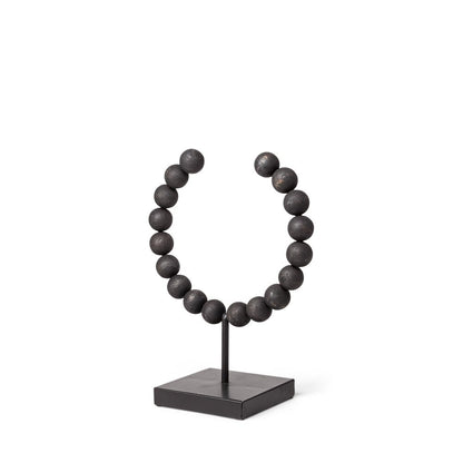 12" Black Wood and Metal Abstract Beaded Tabletop Sculpture