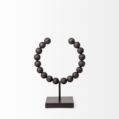 12" Black Wood and Metal Abstract Beaded Tabletop Sculpture