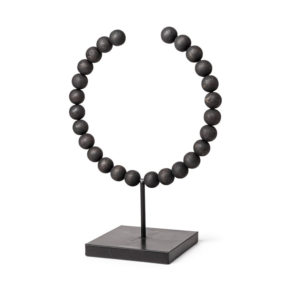 16" Black Wood and Metal Abstract Beaded Tabletop Sculpture