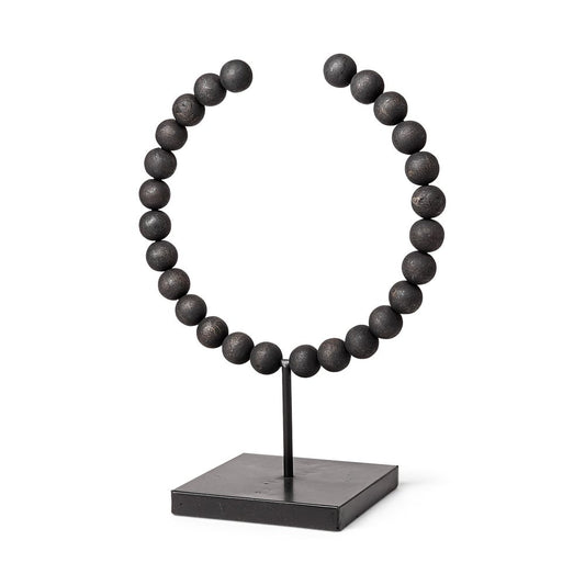 16" Black Wood and Metal Abstract Beaded Tabletop Sculpture