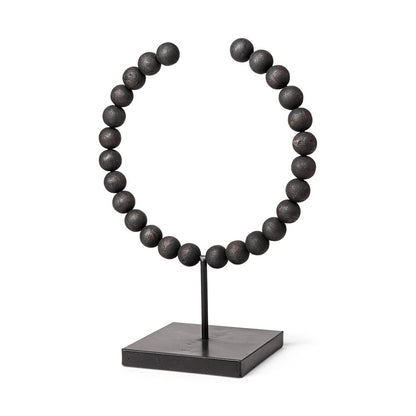 16" Black Wood and Metal Abstract Beaded Tabletop Sculpture