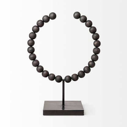 16" Black Wood and Metal Abstract Beaded Tabletop Sculpture