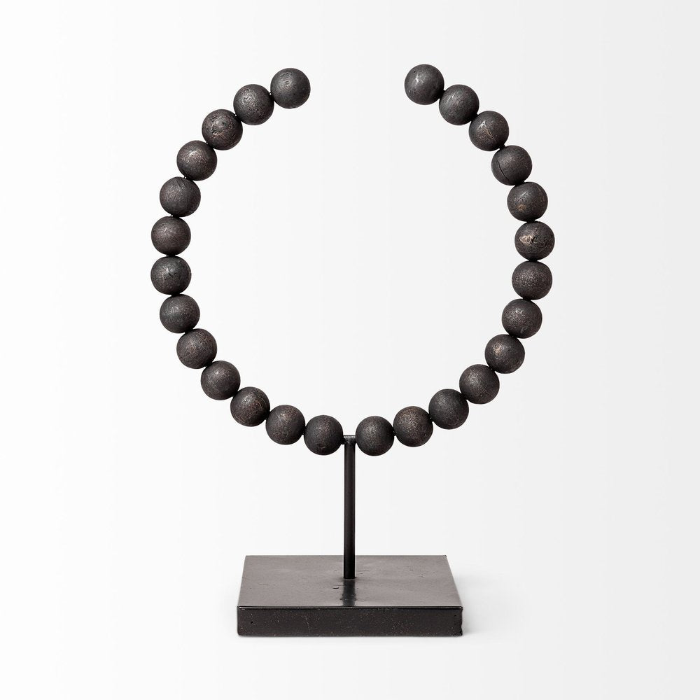 16" Black Wood and Metal Abstract Beaded Tabletop Sculpture