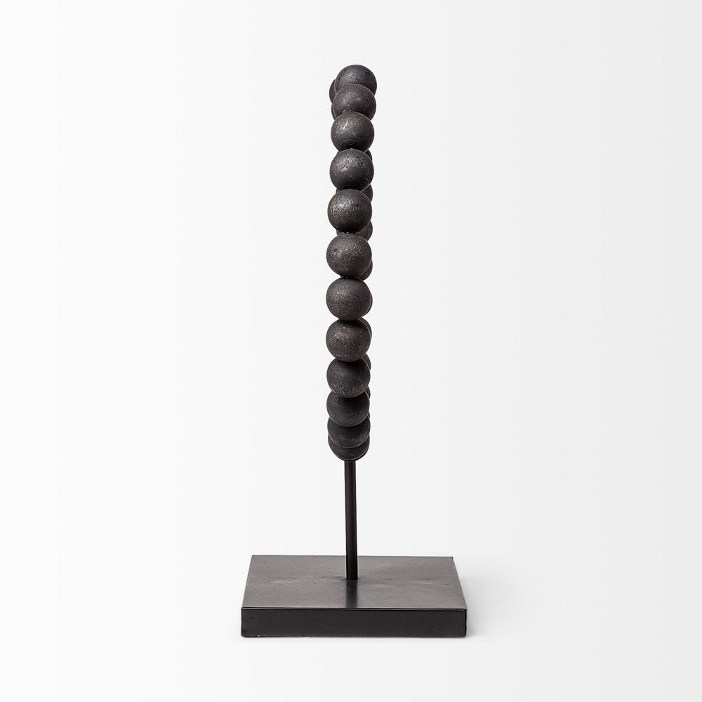 16" Black Wood and Metal Abstract Beaded Tabletop Sculpture